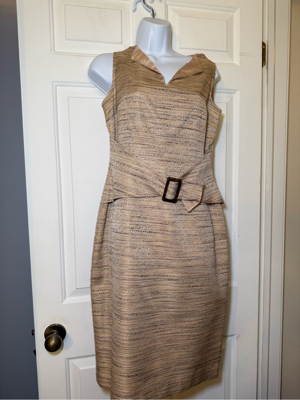 David Meister Strapless Textured Tan & Butter Yellow Belted Sheath Dress Sz 8